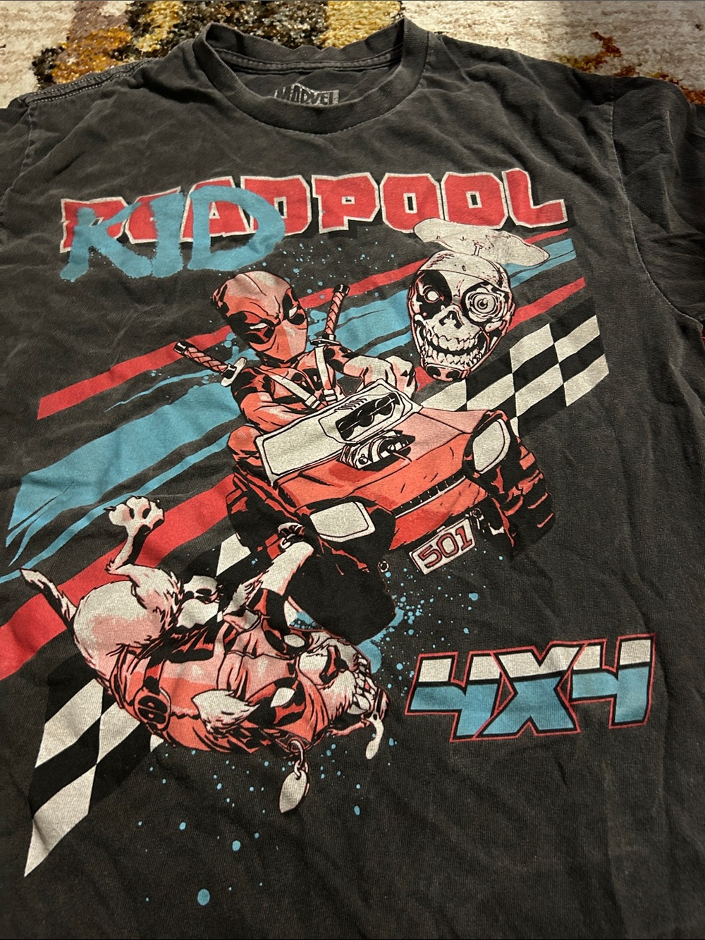 Marvel Deadpool Black Tee with Red & Teal Racing Graphic